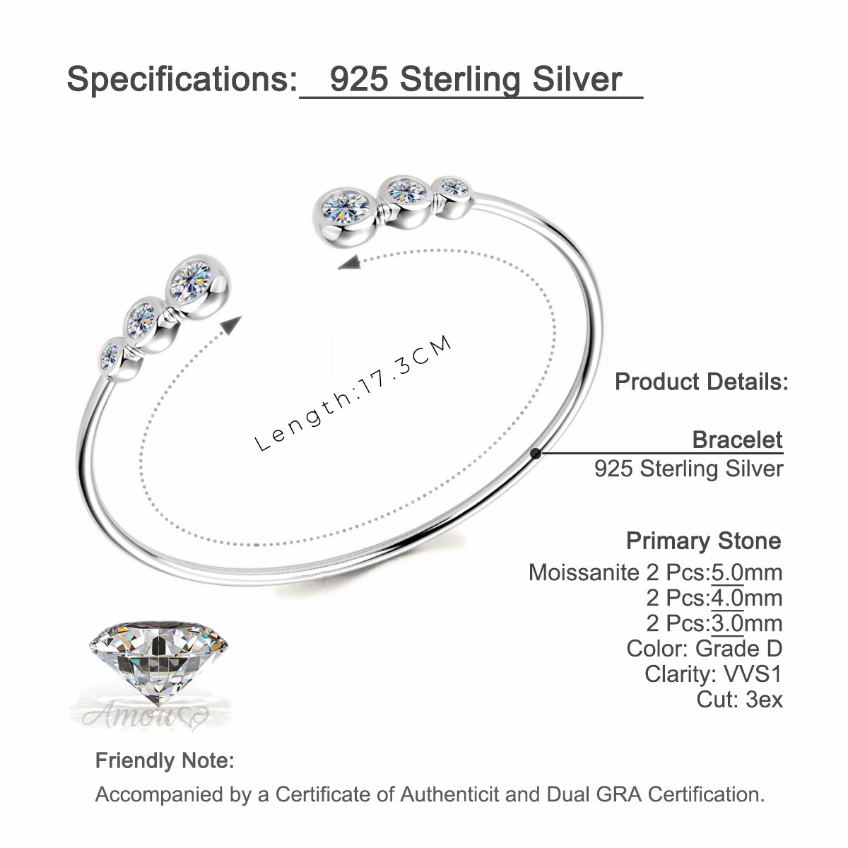 Bezel-Set Moissanite Open Cuff Bracelet in 925 Sterling Silver