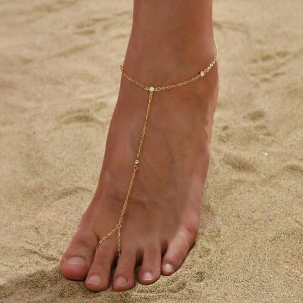 Chic Boho Beach S925 Sterling Silver Minimalist Gold Bead & Zircon Toe Anklet Chain