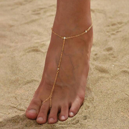 Chic Boho Beach S925 Sterling Silver Minimalist Gold Bead & Zircon Toe Anklet Chain