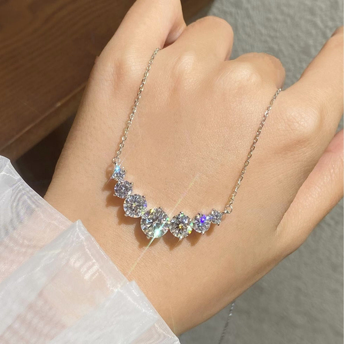 Graduated Moissanite Curved Smile Necklace Journey Bar Pendant