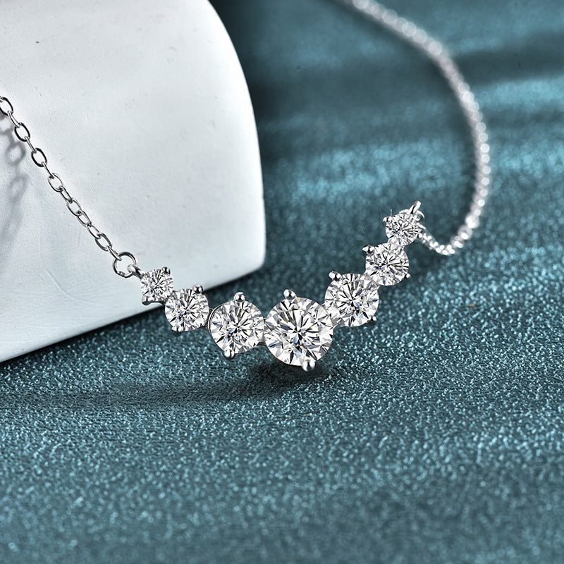 Graduated Moissanite Curved Smile Necklace Journey Bar Pendant
