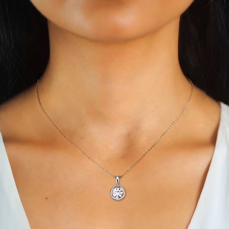 Minimalist Round Bezel Moissanite Solitaire Pendant Silver Necklace