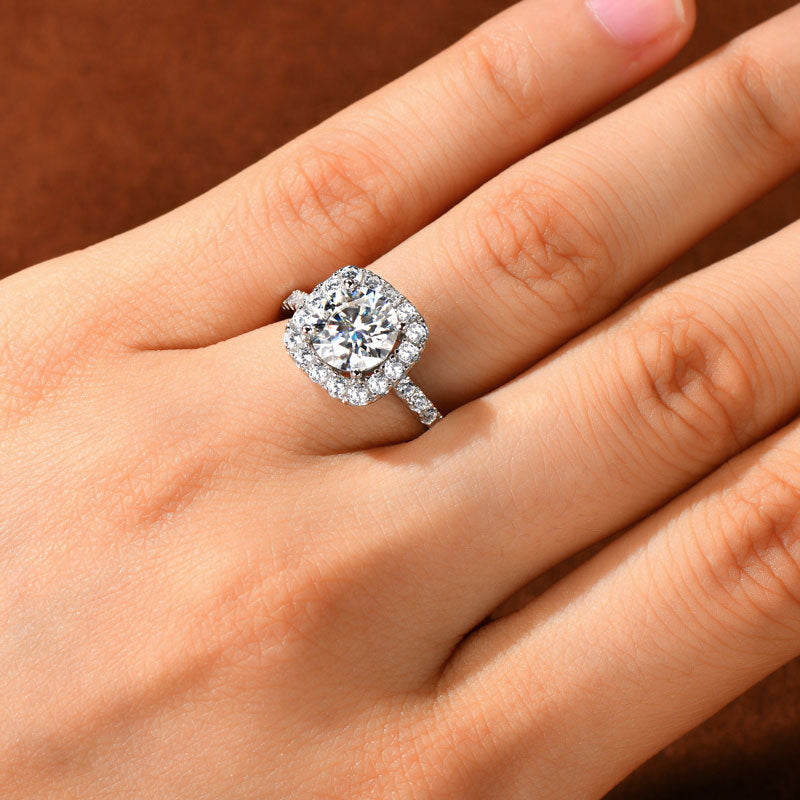 Cushion Halo Moissanite Ring with Pavé Band in 925 Sterling Silver