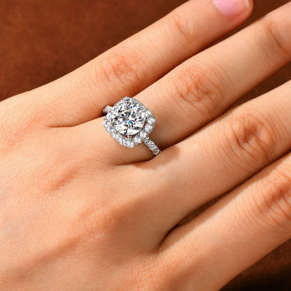 Cushion Halo Moissanite Ring with Pavé Band in 925 Sterling Silver