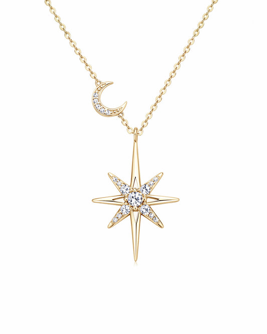 Celestial North Star & Moon Moissanite Necklace - Sparkling S925 Sterling Silver Starburst Pendant Jewelry for Women