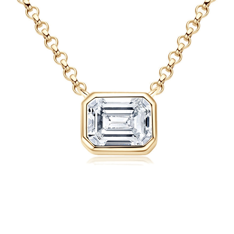 Sleek Bezel Emerald Cut Moissanite Pendant Silver Necklace