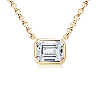 Sleek Bezel Emerald Cut Moissanite Pendant Silver Necklace