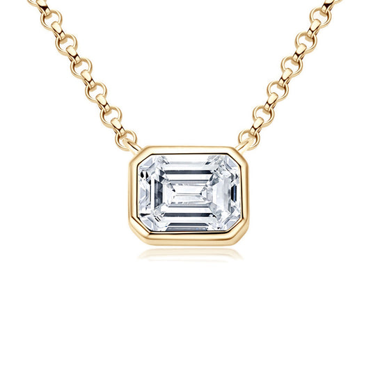 Sleek Bezel Emerald Cut Moissanite Pendant Silver Necklace