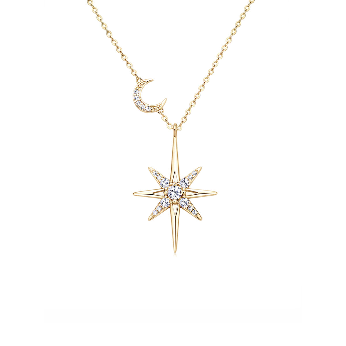 Celestial North Star & Moon Moissanite Necklace - Sparkling S925 Sterling Silver Starburst Pendant Jewelry for Women
