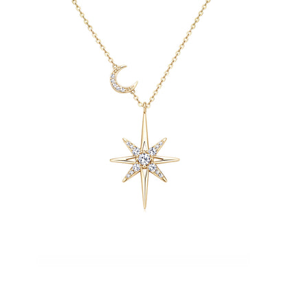 Celestial North Star & Moon Moissanite Necklace - Sparkling S925 Sterling Silver Starburst Pendant Jewelry for Women