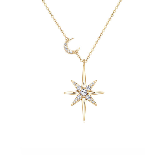 Celestial North Star & Moon Moissanite Necklace - Sparkling S925 Sterling Silver Starburst Pendant Jewelry for Women
