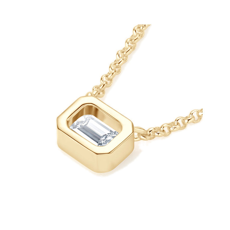 Sleek Bezel Emerald Cut Moissanite Pendant Silver Necklace