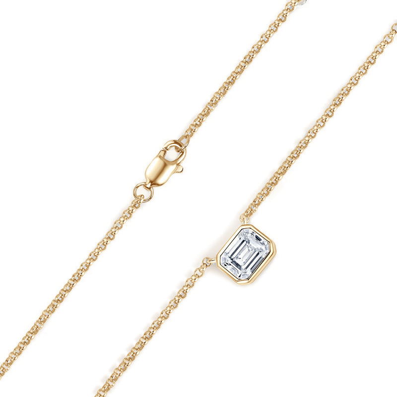 Sleek Bezel Emerald Cut Moissanite Pendant Silver Necklace