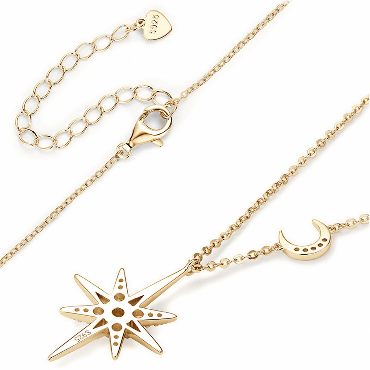 Celestial North Star & Moon Moissanite Necklace - Sparkling S925 Sterling Silver Starburst Pendant Jewelry for Women