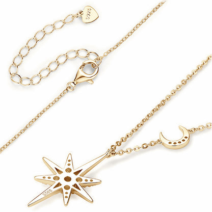 Celestial North Star & Moon Moissanite Necklace - Sparkling S925 Sterling Silver Starburst Pendant Jewelry for Women