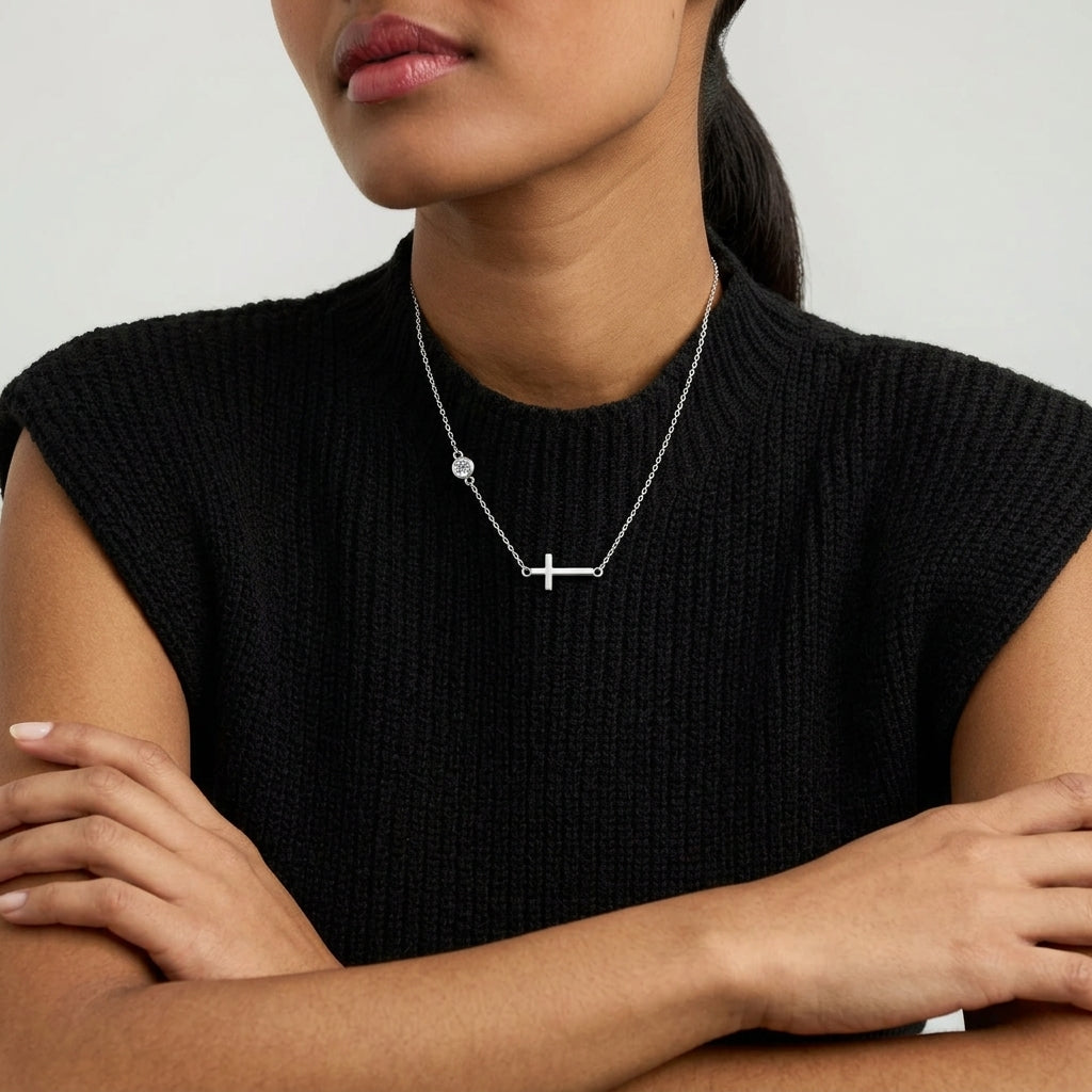 Sideways Cross Moissanite Necklace