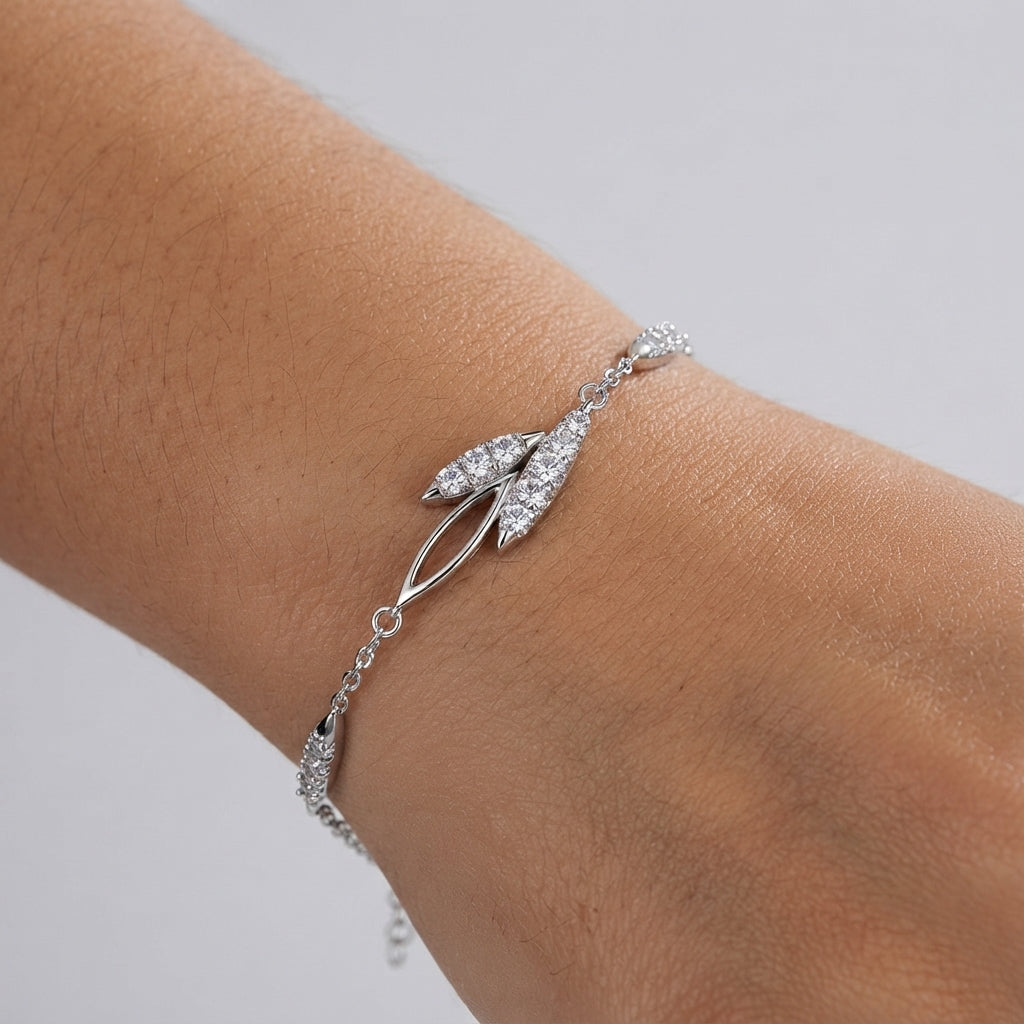 Sparkling Moissanite Willow Leaf Silver Bracelet