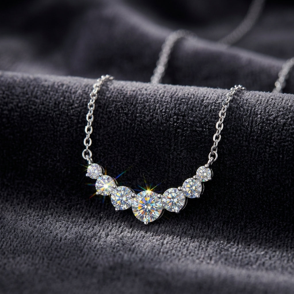 Graduated Moissanite Curved Smile Necklace Journey Bar Pendant