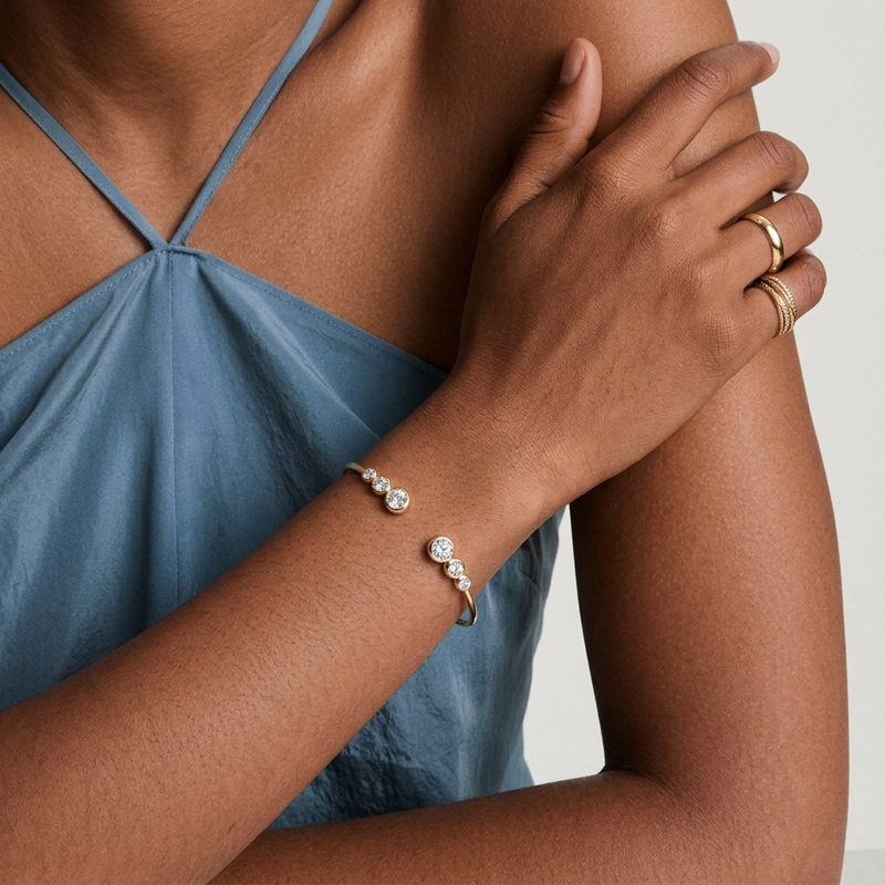 Bezel-Set Moissanite Open Cuff Bracelet in 925 Sterling Silver