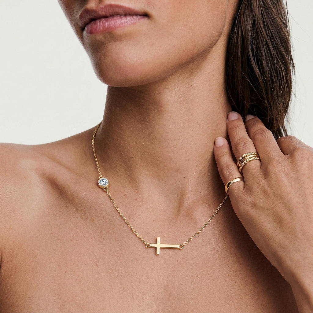 Sideways Cross Moissanite Necklace