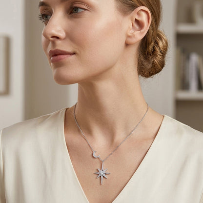 Celestial North Star & Moon Moissanite Necklace - Sparkling S925 Sterling Silver Starburst Pendant Jewelry for Women