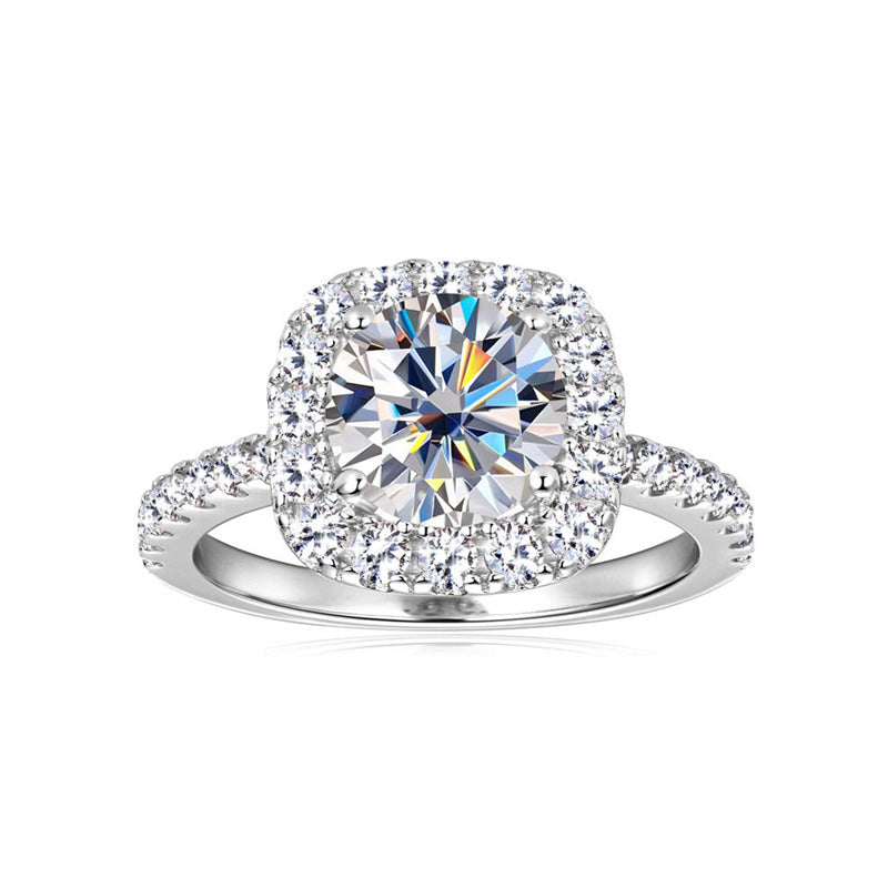Cushion Halo Moissanite Ring with Pavé Band in 925 Sterling Silver