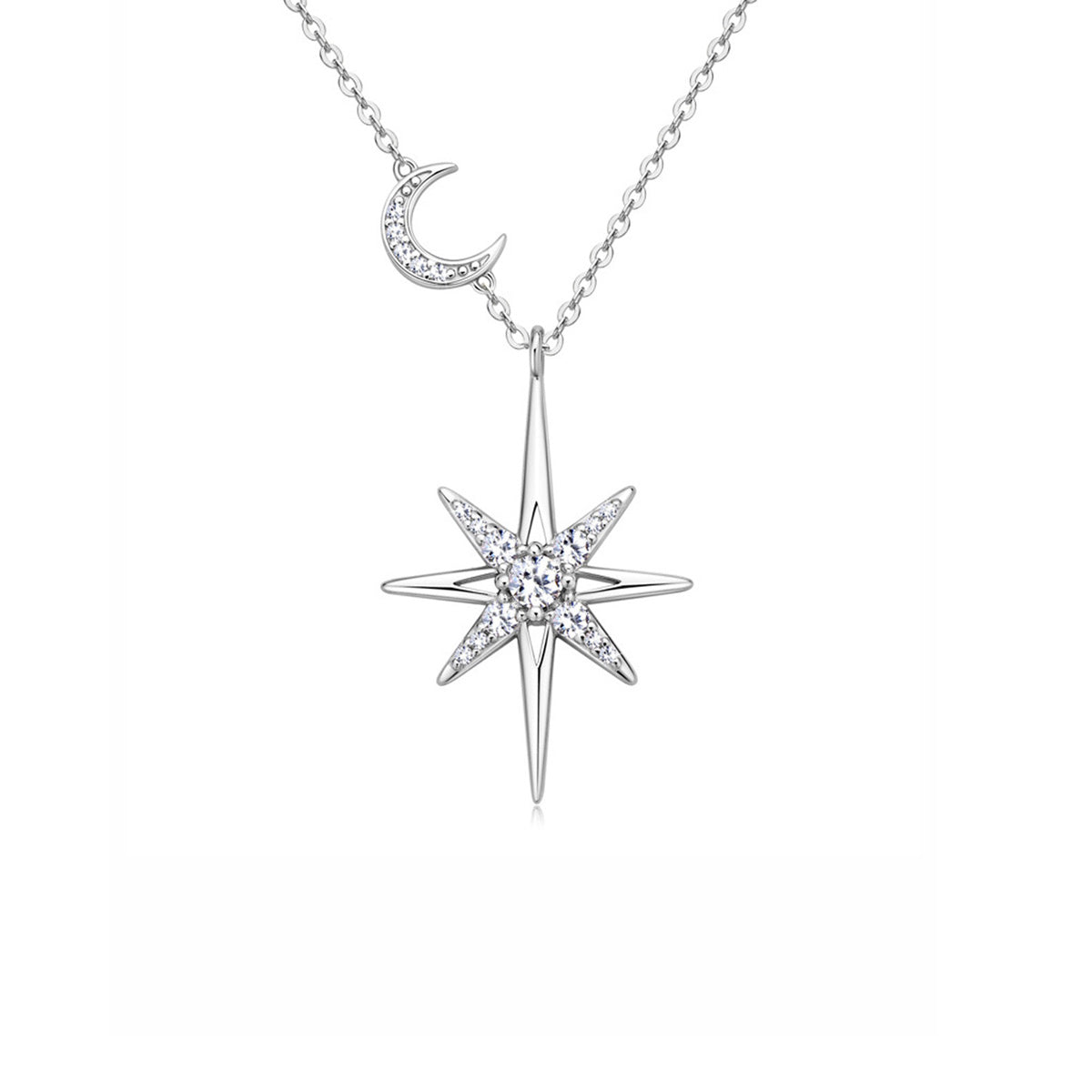 Celestial North Star & Moon Moissanite Necklace - Sparkling S925 Sterling Silver Starburst Pendant Jewelry for Women