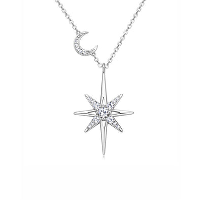 Celestial North Star & Moon Moissanite Necklace - Sparkling S925 Sterling Silver Starburst Pendant Jewelry for Women