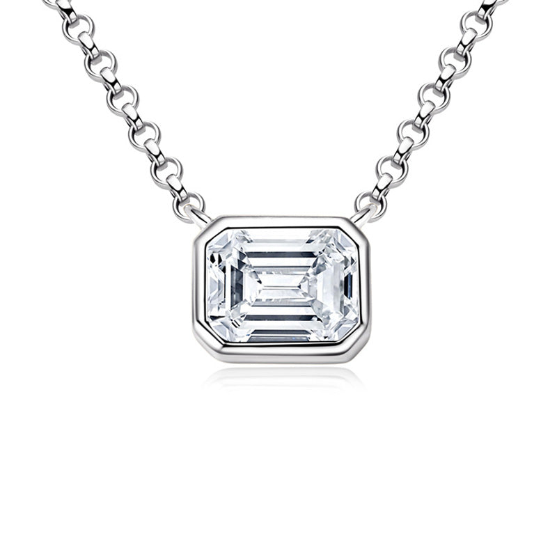 Sleek Bezel Emerald Cut Moissanite Pendant Silver Necklace