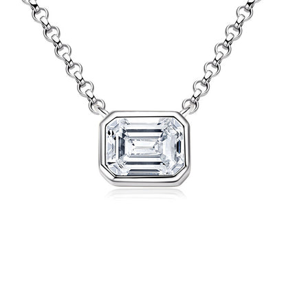 Sleek Bezel Emerald Cut Moissanite Pendant Silver Necklace