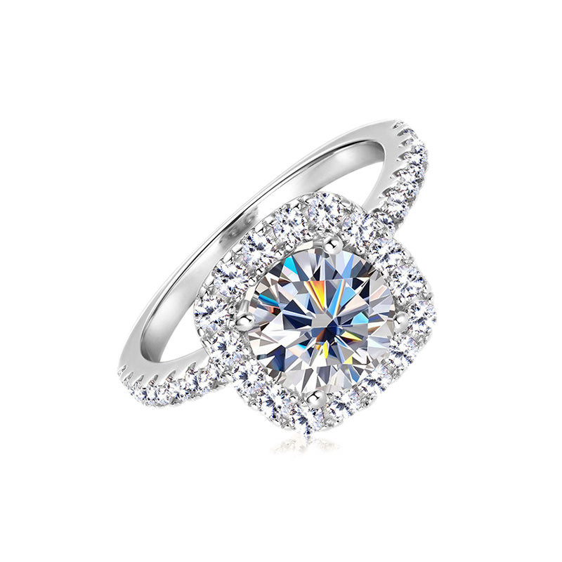 Cushion Halo Moissanite Ring with Pavé Band in 925 Sterling Silver