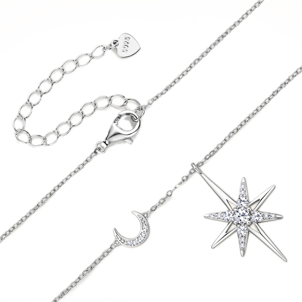 Celestial North Star & Moon Moissanite Necklace - Sparkling S925 Sterling Silver Starburst Pendant Jewelry for Women