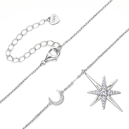 Celestial North Star & Moon Moissanite Necklace - Sparkling S925 Sterling Silver Starburst Pendant Jewelry for Women
