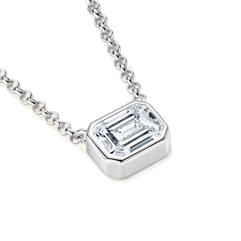 Sleek Bezel Emerald Cut Moissanite Pendant Silver Necklace