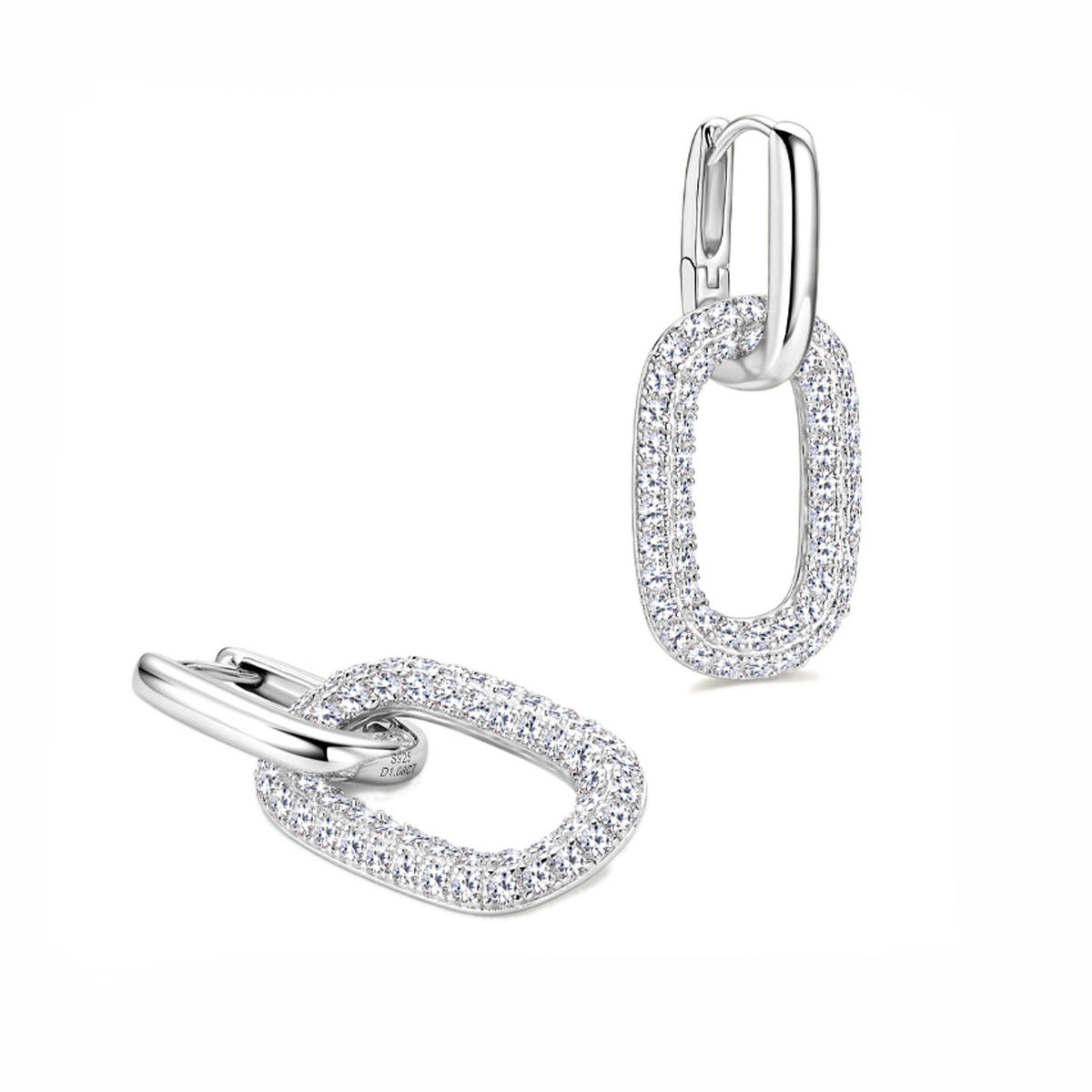 Radiant Oval Drop Pavé Moissanite Link Earrings 925 Sterling Silver Hand-set Moissanite