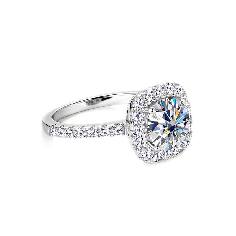 Cushion Halo Moissanite Ring with Pavé Band in 925 Sterling Silver