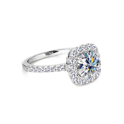 Cushion Halo Moissanite Ring with Pavé Band in 925 Sterling Silver