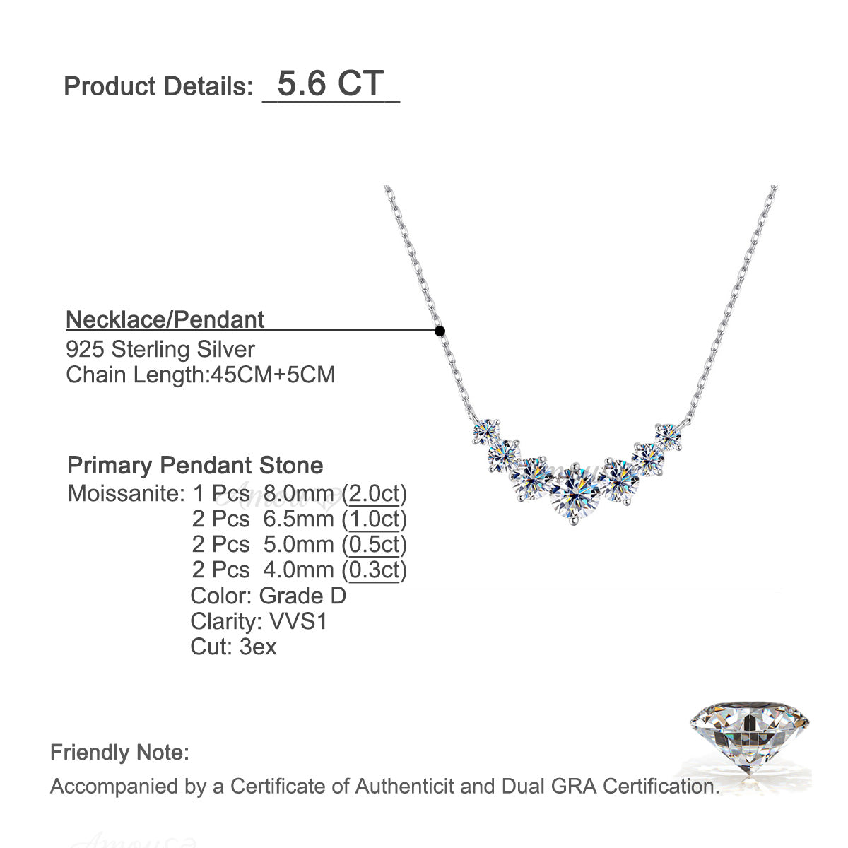 Graduated Moissanite Curved Smile Necklace Journey Bar Pendant