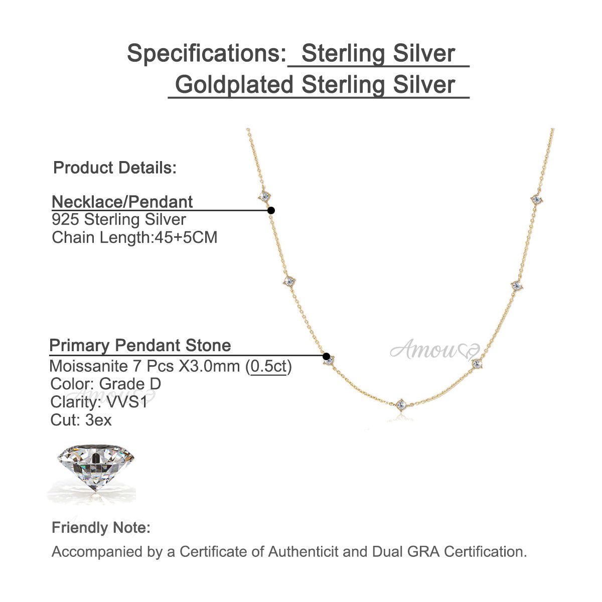 AMOUVA Station Moissanite Necklace in Sterling Silver