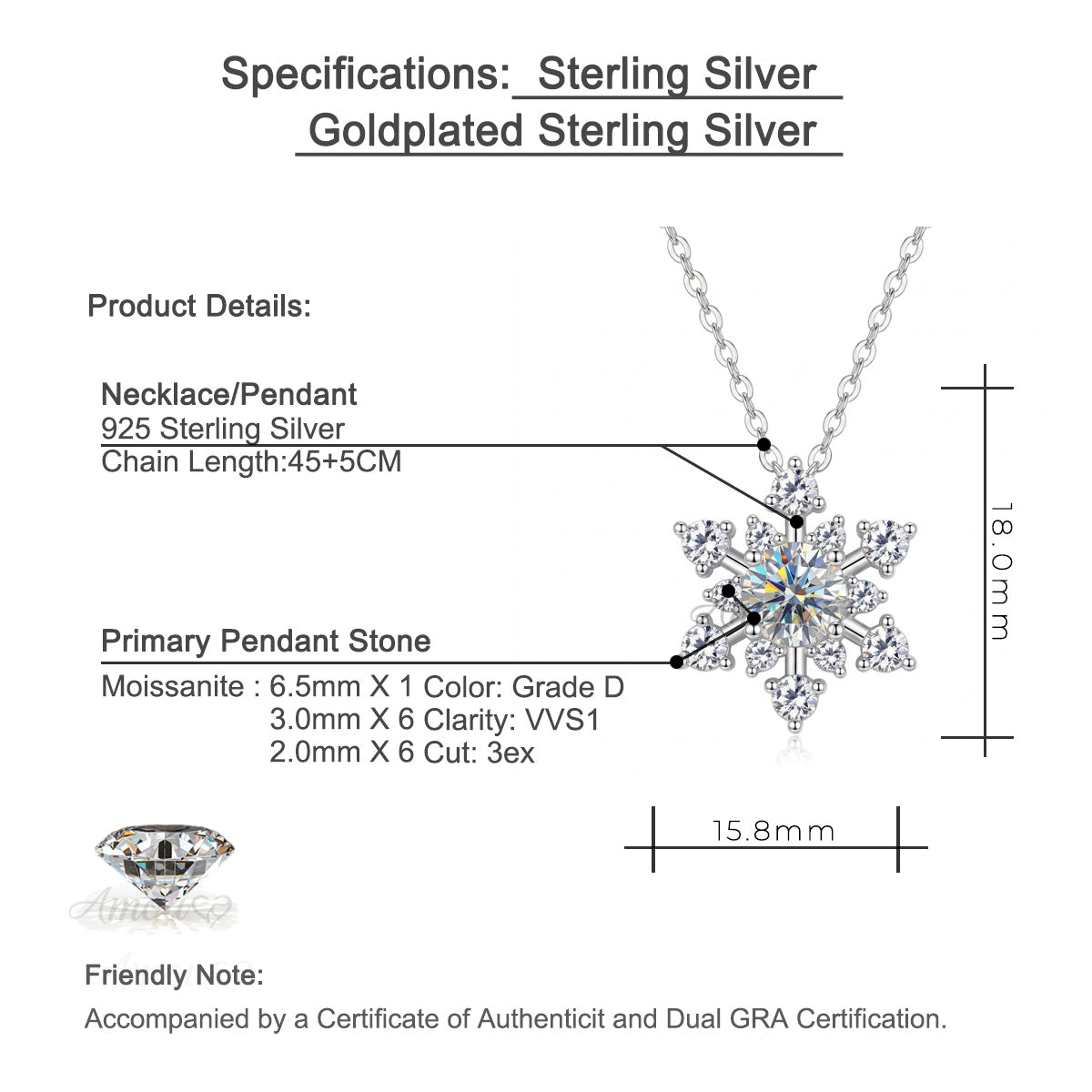 Winter's Kiss Snowflake Moissanite Silver Necklace