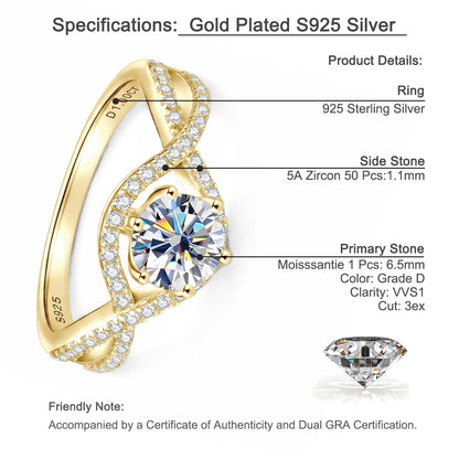 Classic 1-Carat Six-Prong Moissanite Engagement Ring - S925 Sterling Silver Twisted Band for Women