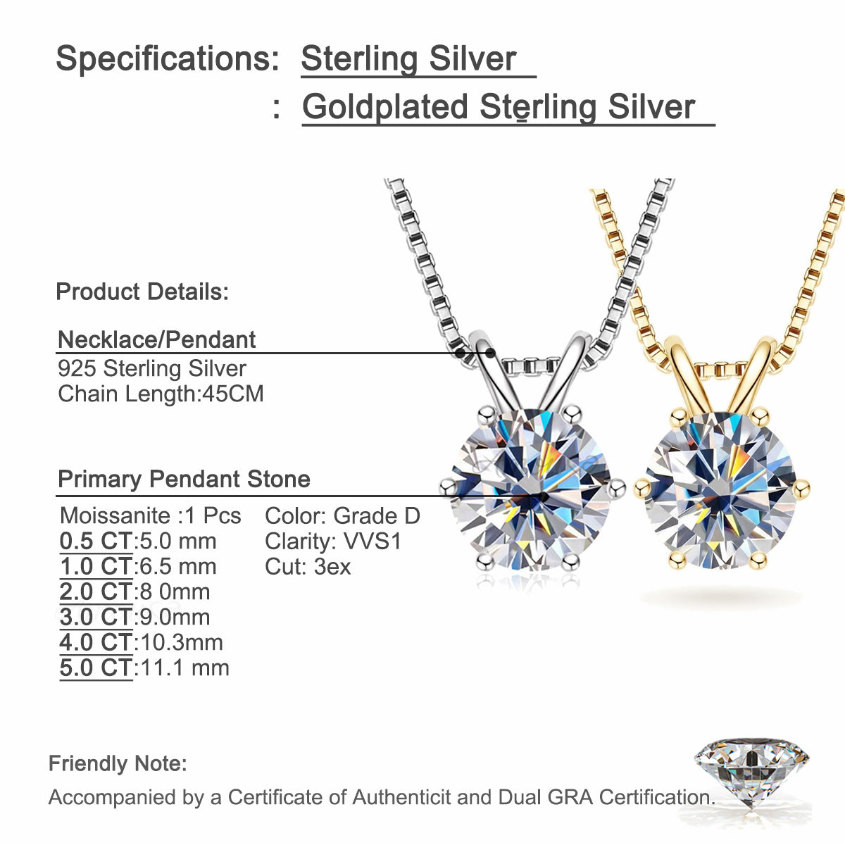 Classic Six-Prong Moissanite Solitaire Necklace - S925 Sterling Silver Brilliant Cut Pendant for Women
