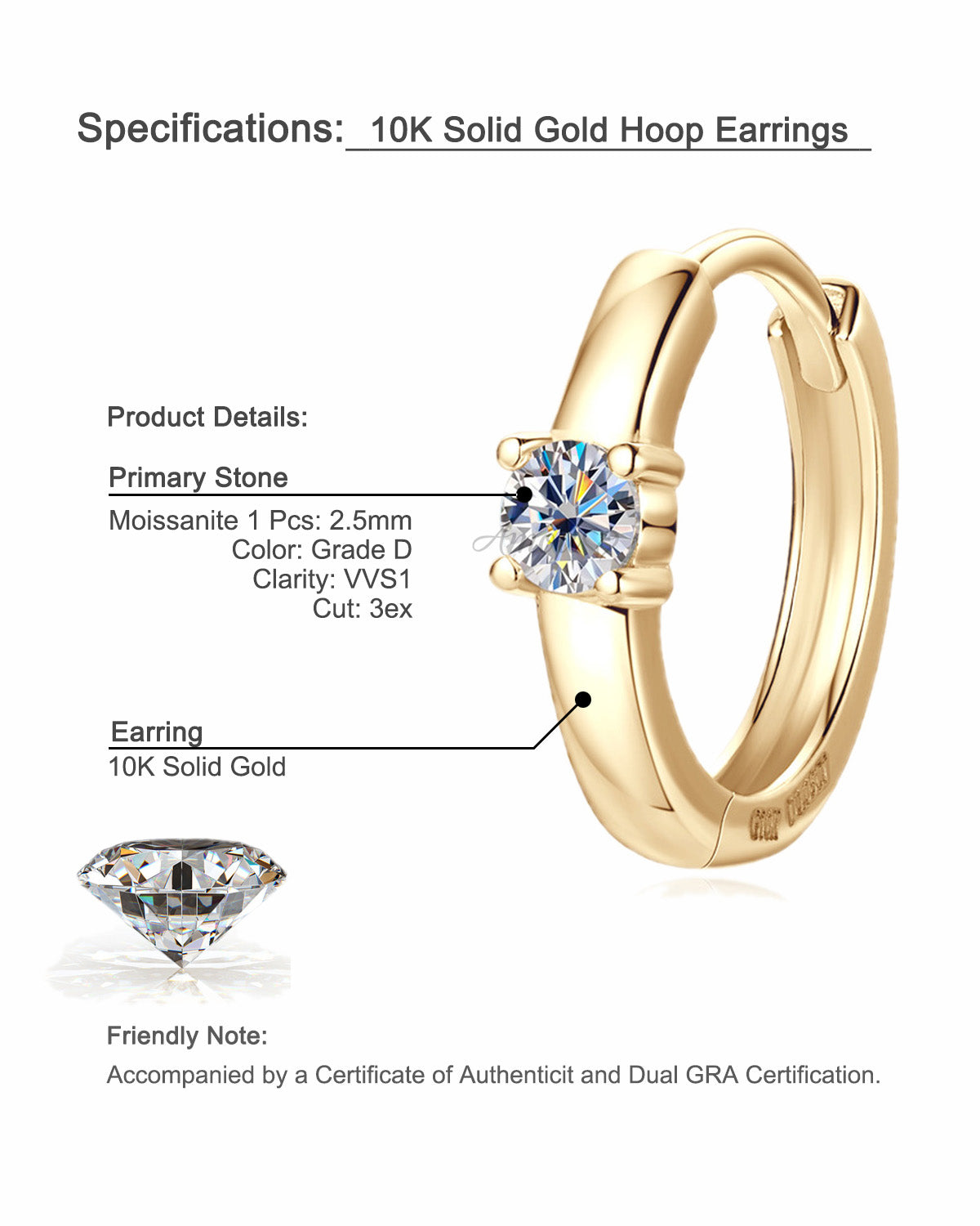 10K Solid Gold Hoop Earrings Moissanite Huggie Earrings For Daily Rituals | GRA Certified