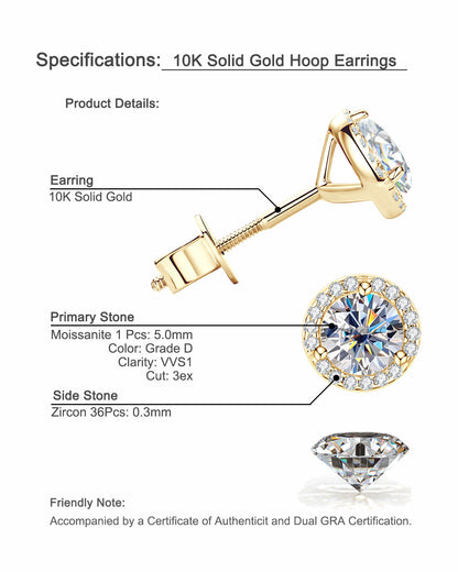 Classic Pave Halo Moissanite Stud Earrings - Minimalist 10K Gold Elegant Fine Jewelry | GRA Certified