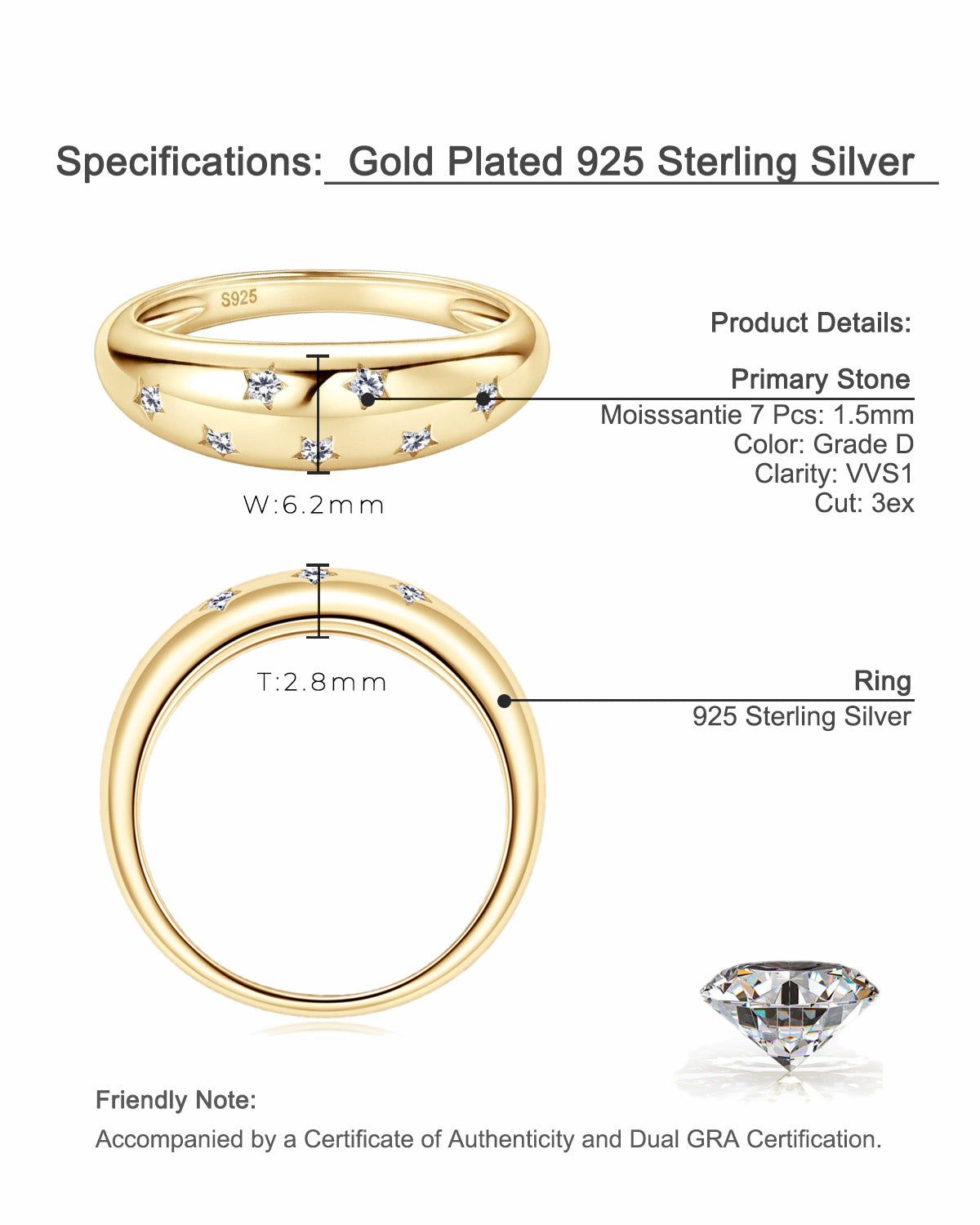 Celestial Starry Moissanite Ring - S925 Sterling Silver Gold Plated Niche Design Index Finger Band for Women
