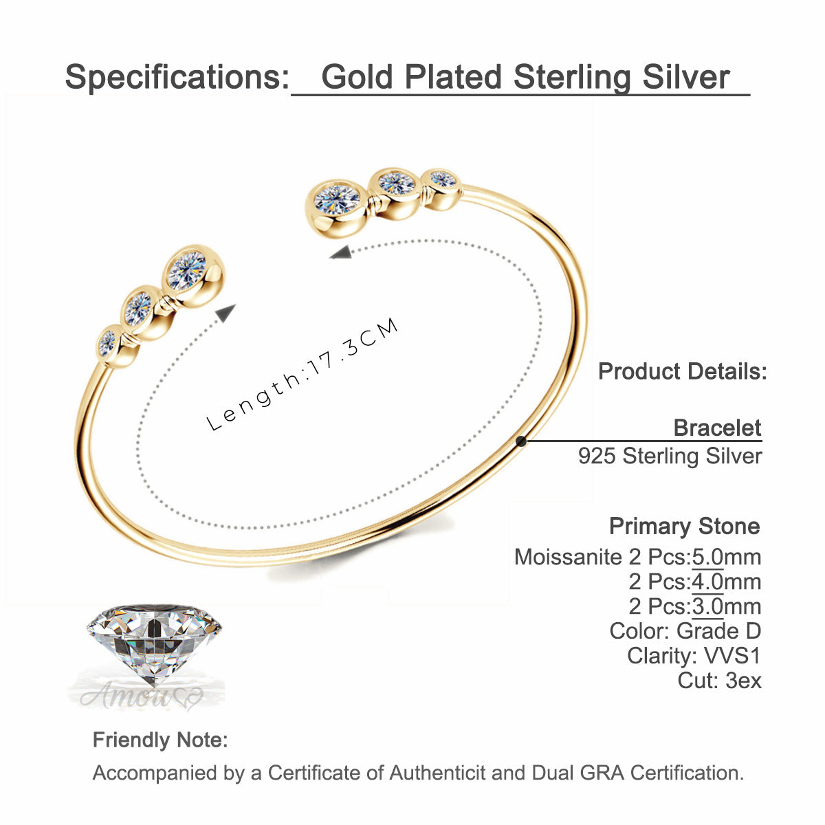 Bezel-Set Moissanite Open Cuff Bracelet in 925 Sterling Silver