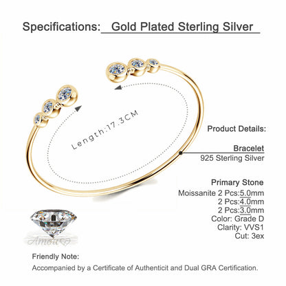 Bezel-Set Moissanite Open Cuff Bracelet in 925 Sterling Silver