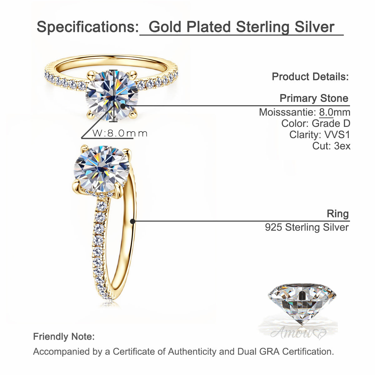 Hidden Halo Moissanite Ring with Pavé Band in 925 Sterling Silver
