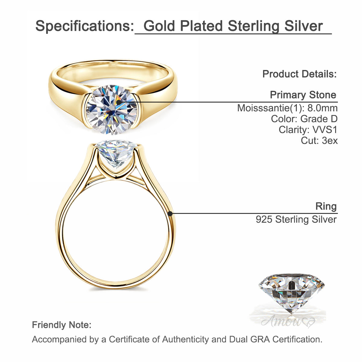 Half-Bezel Moissanite Solitaire Ring in 925 Sterling Silver