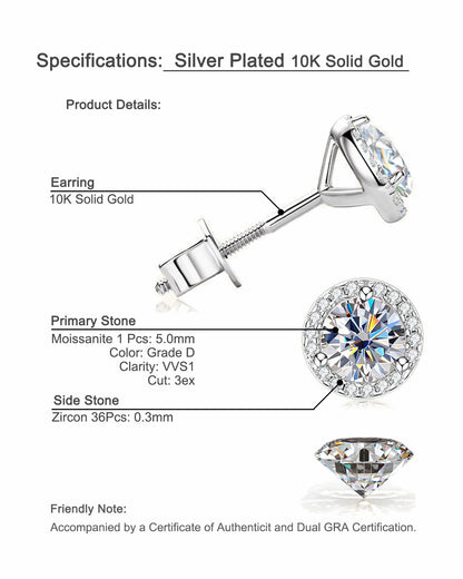 Classic Pave Halo Moissanite Stud Earrings - Minimalist 10K Gold Elegant Fine Jewelry | GRA Certified